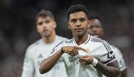 Selebrasi Rodrygo dalam laga Liga Champions antara Real Madrid vs Atletico Madrid, Rabu (5/3/2025). (c) AP Photo/Manu Fernandez