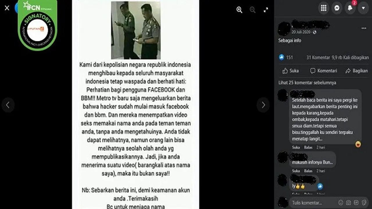 Gambar Tangkapan Layar Kabar Hacker Meretas Akun Facebook untuk Menyebar Video Porno (sumber: Facebook).