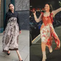 Penampilan elegan dari Maudy Ayunda yang mengenakan camo jacket dan high waisted batik skirt dari Wilsen Willim. [@maudyayunda]