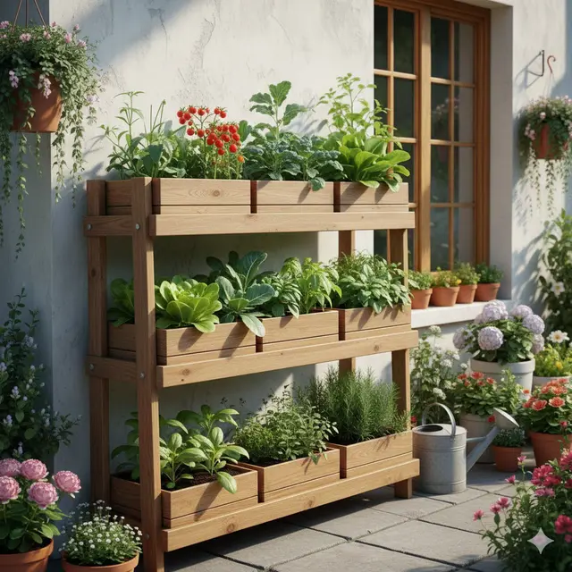 Kebun Sayur di Rak Kayu (Gemini AI)