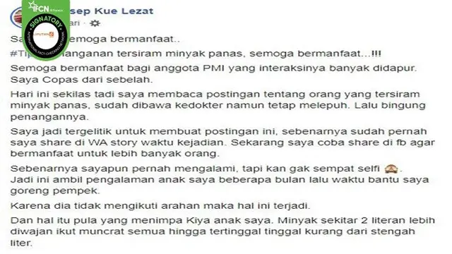 Gambar Tangkapan Layar Klaim Tepung Terigu Bisa Menyembuhkan Luka Bakar (sumber: Facebook).