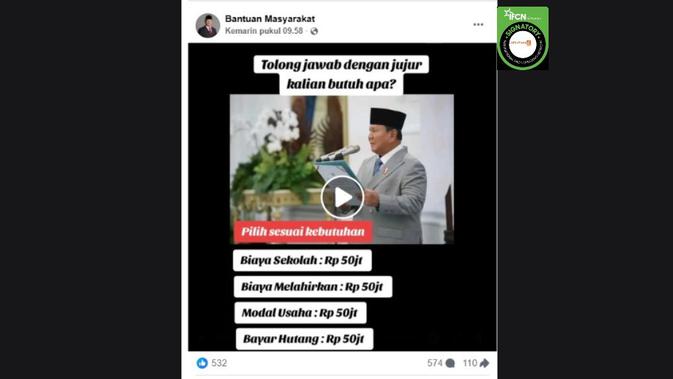 Cek Fakta: Tidak Benar Video Ini Prabowo Subianto Umumkan Beri Bantuan Rp 50 Juta