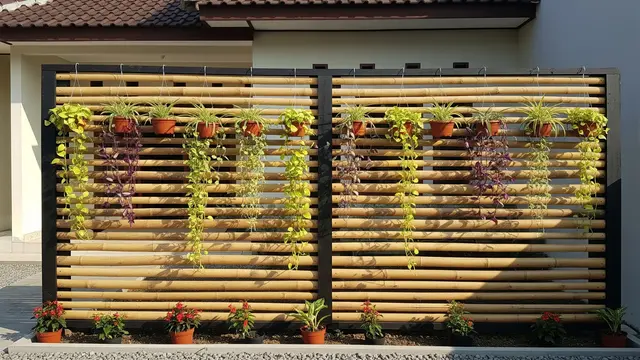 Pagar Bambu Horizontal dengan Pot Gantung Berbaris