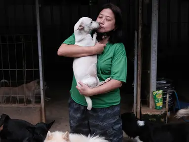 Susana Somali membawa seekor anjing yang disebut 'Putih' di Pejaten Shelter, rumah bagi lebih dari 1.400 anjing yang ia pelihara, di Jakarta, Kamis (2/7/2020). Jumlah anjing di penampungan telah meningkat sejak wabah COVID-19 dimulai di Indonesia. (AP Photo/Dita Alangkara)