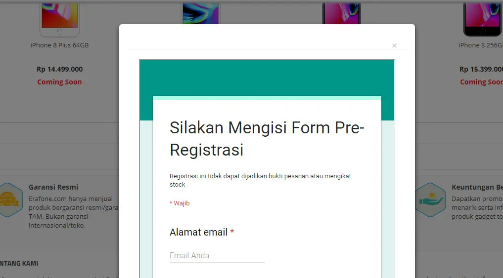 Pre-register untuk membeli iPhone X, iPhone 8, dan iPhone 8 Plus di Indonesia melalui situs Erafone.com (Sumber: Erafone.com)