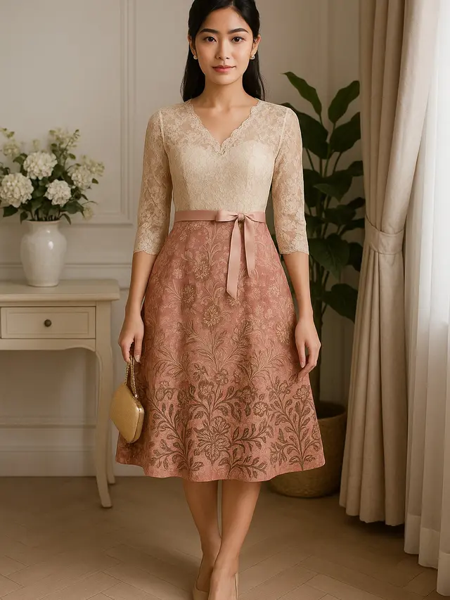 7 Model Dress Batik Kombinasi Dusty Pink dan Brokat Cream, Elegan dan Anggun untuk Acara Resmi