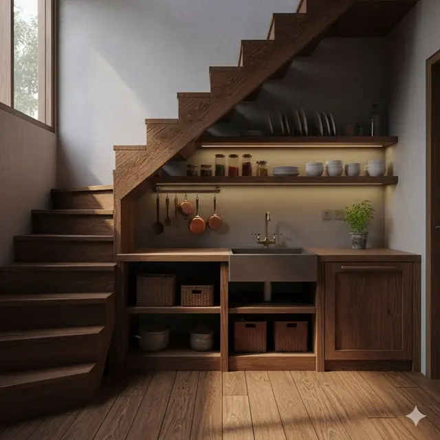 Dapur Rustic Minimalis dengan Rak Kayu Terbuka