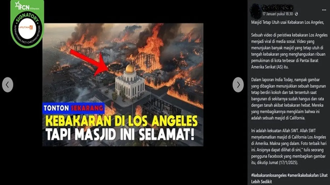 Gambar tangkapan layar foto yang diklaim sebagai masjid yang selamat dari kebakaran di Los Angeles, Amerika Serikat. (sumber: Facebook)