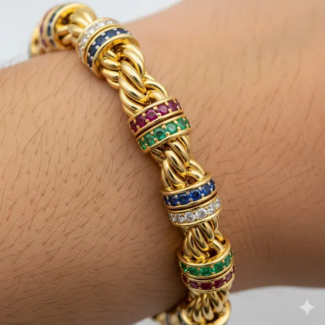 Gelang Tali Emas dengan Jajaran Batu Permata