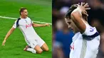Foto kolase ekspresi selebrasi dan kecewa pemain Tottenham Hotspur, Micky van de Ven dalam laga final UEFA Super Cup 2025 melawan PSG di Bluenergy Stadium, Udinese, Italia, Rabu (13/08/2025) waktu setempat. (Foto kolase:AP Photo/Denes Erdos dan AFP/Marco Bertorello)