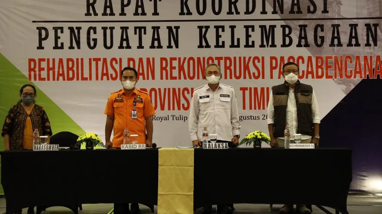 Rakor penguatan kelembagaan bagi bidang Rehabilitasi dan Rekonstruksi (RR) BPBD Jatim. (Dian Kurniawan/Liputan6.com).