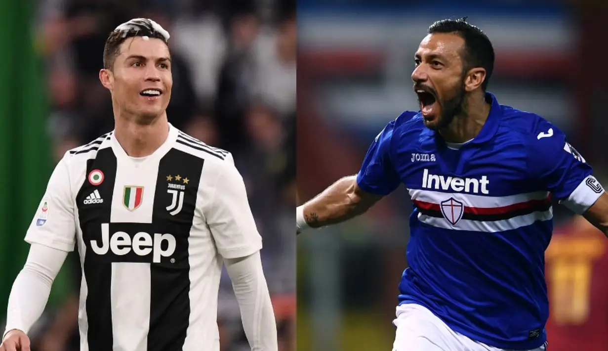 Tambahan satu gol Cristiano Ronaldo ke gawang Inter Milan belum mampu membawa CR7 ke posisi teratas pemuncak raihan gol di Serie A. Kini Ronaldo terpaut tiga gol dari pemuncak raihan gol saat ini, Fabio Quagliarella. (Kolase Foto AFP)