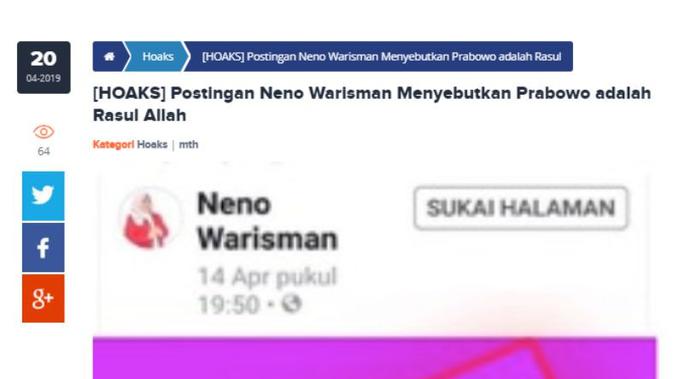 [Cek Fakta] Neno Warisman Sebut Prabowo Subianto Rasul Allah?