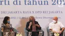 (ki-ka) Regional Office Head Jakarta Banten BTN Dewi Fitrianingrum, Direktur Utama Jakarta Experience Board (JXB) Novita Dewi dan Direktur Pengelolaan Aset Jakpro Gunung Kartiko menjadi pembicara pada diskusi Bedah Potensi Properti di Tahun 2022 di Jakarta (17/11/21). (Liputan6.com/HO/Dodi)