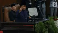 Presiden Republik Indonesia, Prabowo Subianto saat menyampaikan pidato pertamanya di depan sidang paripurna pelantikan Presiden dan Wakil Presiden terpilih periode 2024-2029 di Gedung Nusantara I Kompleks Parlemen, Jakarta, Minggu (20/10/2024). (Liputan6.com/Herman Zakharia)