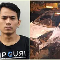 Aris Idol dan mobilnya yang terbakar. (Bintang Pictures)