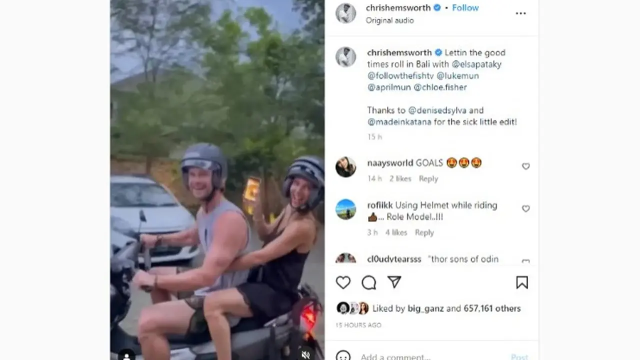 Chris Hemsworth lengkapi dirinya dengan helm saat mengendarai motor di Bali