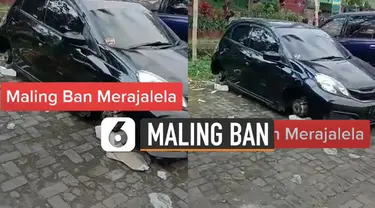 Nasib apes dialami oleh pemilik mobil ini karena ban nya hilang semua dicuri maling saat diparkir di sebuah tempat.