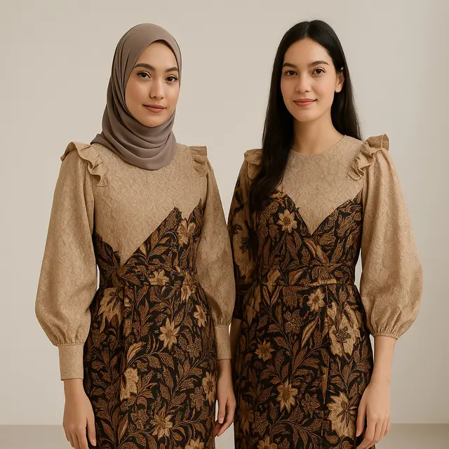 Model Dress Batik Brokat Kimono Lengan Puff 2025/Ilustrasi oleh AI