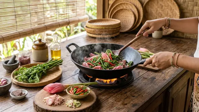 Resep Tumis Daun Pakis dengan Bunga Kecombrang dan Cabai (AI Generated)