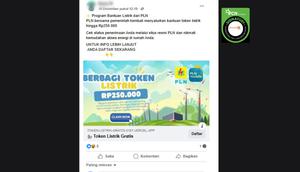 Tangkapan layar klaim link pendaftaran untuk mendapatkan bantuan token listrik dari PLN yang beredar di Facebook.