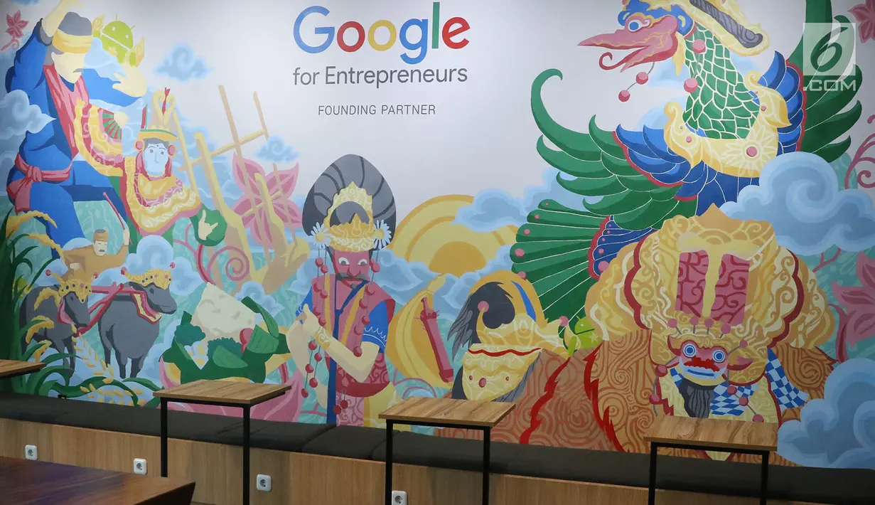 Mural di dinding yang menghiasi Menara Kibar di Jakarta, Selasa (29/8). Menara Kibar ini memeliki Google Lounge yang merupakan bagian dari kemitraan antara Kibar dan Google for enterprenuers. (Liputan6.com/Immanuel Antonius)