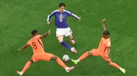 Namun, hanya berselang tujuh menit, Jepang mampu mencetak gol balasan yang membuat kedudukan menjadi imbang 1-1. Keito Nakamura menjadi pencetak gol bagi Jepang setelah menerima umpan dari Takefusa Kubo. (AP Photo/Sam Hodde)
