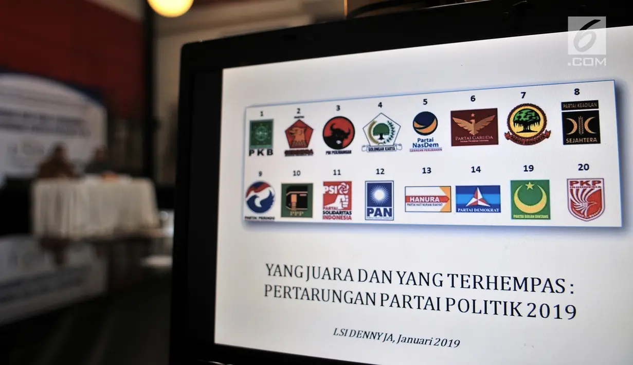 Lambang-lambang Partai terlihat dimonitor selama survei bertajuk "Yang Juara dan Yang Terhempas: Pertarungan Partai Politik 2019" di Kantor LSI, Jakarta, Selasa (8/1). (Merdeka.com/Iqbal S. Nugroho)