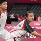 Hasil ini membuat perjuangan Praveen Jordan/Melati Daeva Oktavianti di Olimpiade Tokyo 2020 cabang olahraga bulutangkis nomor ganda campuran harus terhenti di babak perempat final. (Foto: AP/Dita Alangkara)