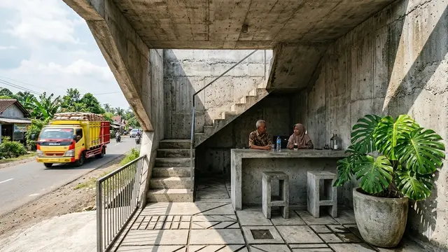 Desain Teras Rumah Desa Agar Tidak Terlihat Kuno. AI