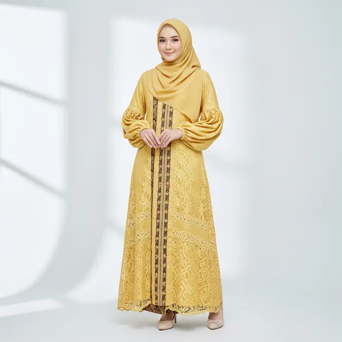 Model Gamis Batik Brokat Soft Yellow Terbaru untuk Ramadan 2026