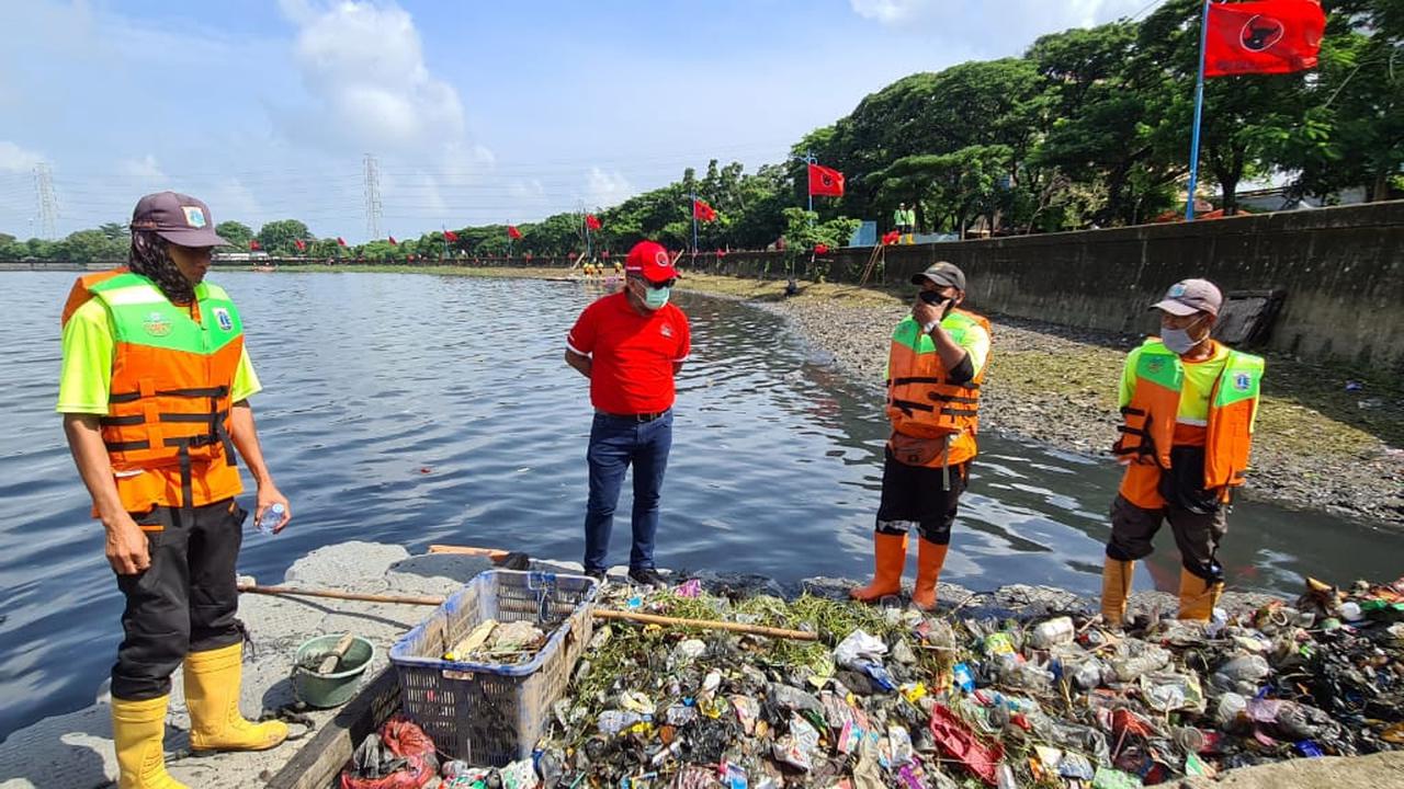 Sekjen PDIP Hasto Kristiyanto meninjau program bersih-bersih di Waduk Cincin, Jakarta Utara