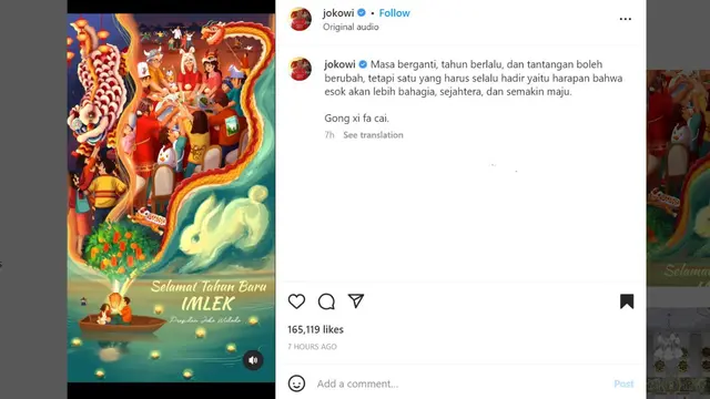 Presiden Joko Widodo atau Jokowi menyampaikan Selamat Tahun Baru Imlek 2023.