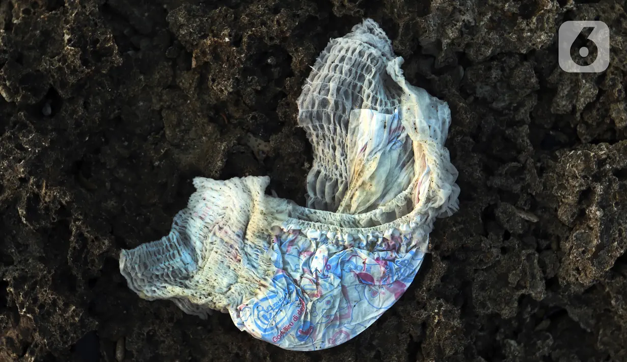 Sampah terlihat di antara karang Pantai Anyer, Kabupaten Serang, Banten, Sabtu (5/9/2020). Minimnya kesadaran wisatawan yang menyisakan sampah di antara karang Pantai Anyer menjadikan pemandangan kurang sedap dipandang mata. (Liputan6.com/Johan Tallo)