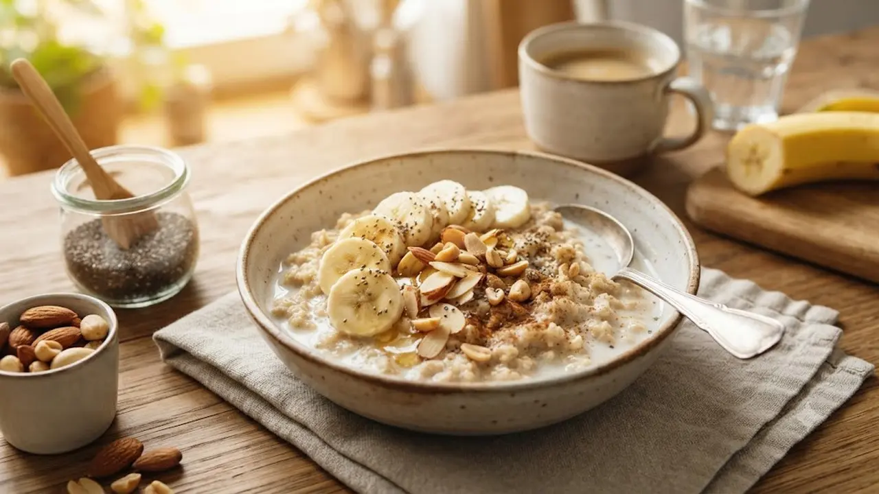 Oatmeal dengan Susu, Pisang, dan Kacang