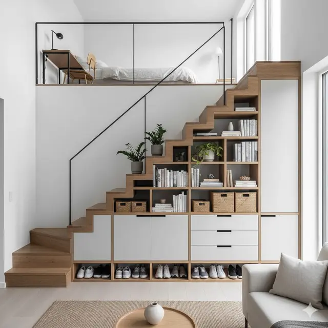 Model Rumah Kecil Mezzanine dengan Rak Tangga Multifungsi