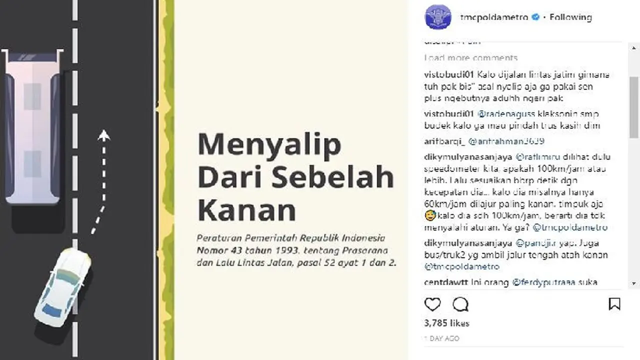 Ingat, Mendahului Kendaraan Utamakan Dari Sebelah Kanan (Foto: Instagram @tmcpoldametro)