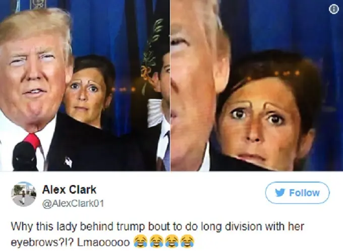 Cuitan netizen menanggapi sosok wanita yang hadir pada konferensi pers Presiden Amerika Serikat Donald Trump (Twitter/@@AlexClark01)