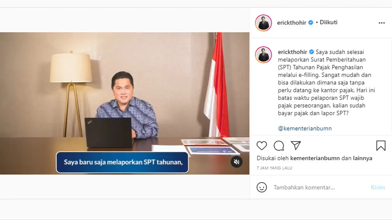 Menteri BUMN Erick Thohir melaporkan SPT Pajak 2020 melalui online. Instagram@@erickthohir