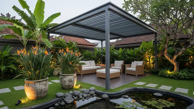 Model Teras Rumah Kecil dengan Kanopi Baja Ringan dan Tanaman Tropis Segar/ Ilustrasi AI