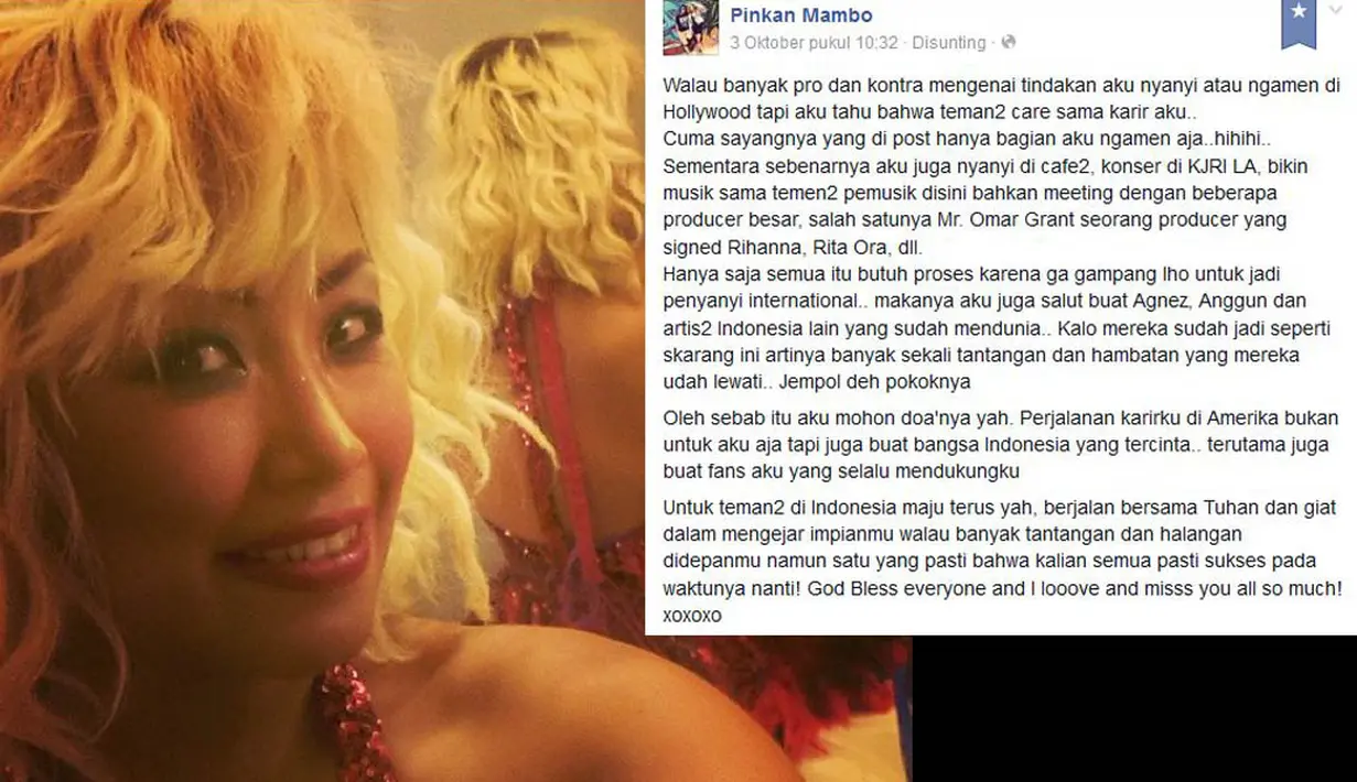Melalui akun Facebook-nya, Pinkan Mambo menjawab kabar ngamen yang ramai diperbincangkan di Indonesia. (Facebook.com/pinkan.mambo)