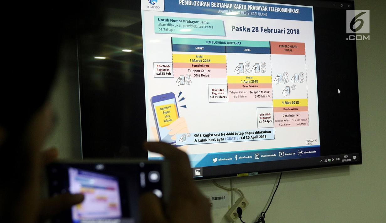 Suasana konferensi pers terkait batas akhir layanan bertahap kartu prabayar telekomunikasi di Kominfo, Jakarta, Rabu (28/2). Kemenkominfo akan memblokir secara bertahap nomor yang tidak mendaftarkan ulang mulai 1 Maret 2018. (Liputan6.com/JohanTallo)