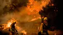 Dua petugas pemadam kebakaran berjalan sambil memadamkan api di Ventura, California, (9/12). Kebakaran akibat angin Santa Anna ini telah melanda wilayah-wilayah di sepanjang pantai Pasifik. (AP Photo / Noah Berger)