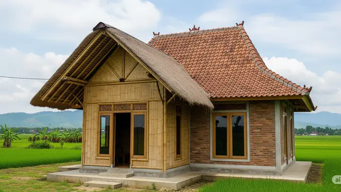 Model Rumah Sederhana dari Bambu dan Batako Dengan Kombinasi Atap Jerami dan Genteng/Ilustrasi AI