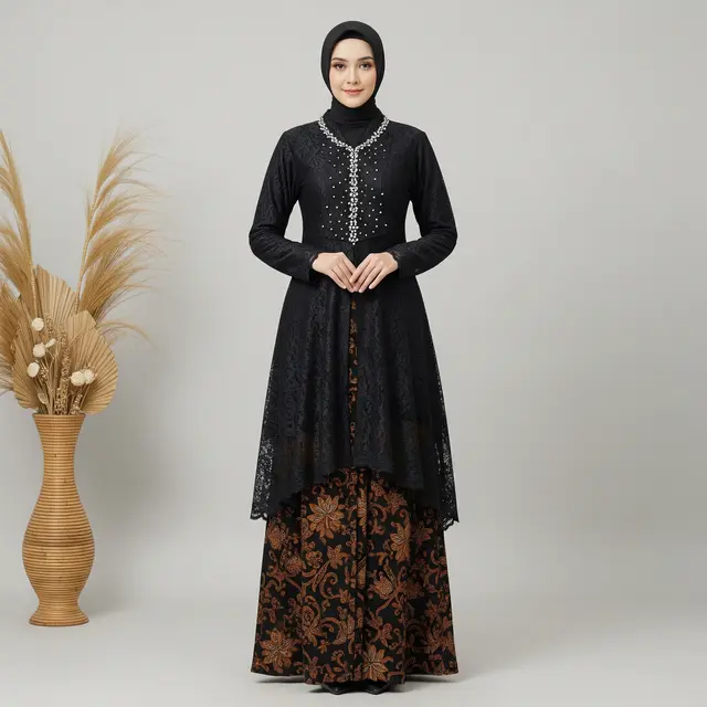 9 Gamis Batik Kombinasi Brokat Lengan Panjang Elegan, Tren Busana Muslimah 2025