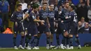 <p>Gelandang Manchester City, Rodri (tengah) dan rekan-rekan setimnya merayakan gol ke gawang Leeds United pada pertandingan lanjutan Liga Inggris di Elland Road di Leeds, Inggris utara (30/4/2022). City menang telak atas Leeds 4-0. (AFP/Oli Scarff)</p>