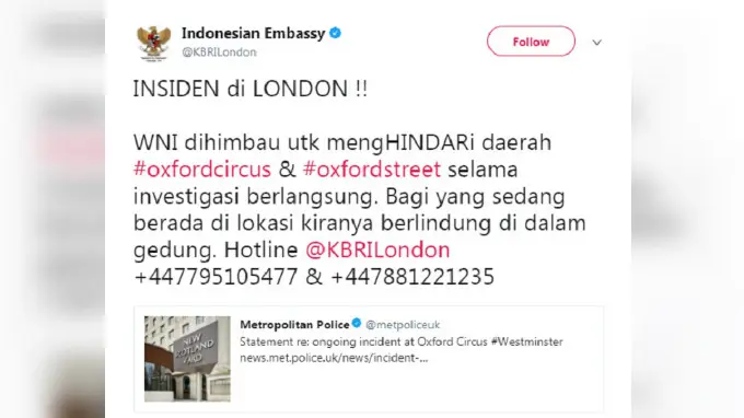 Lewat akun Twitter resmi, pihak KBRI London mengimbau agar WNI yang berada di sekitar lokasi kejadian untuk tetap waspada (Twitter/@KBRILondon)