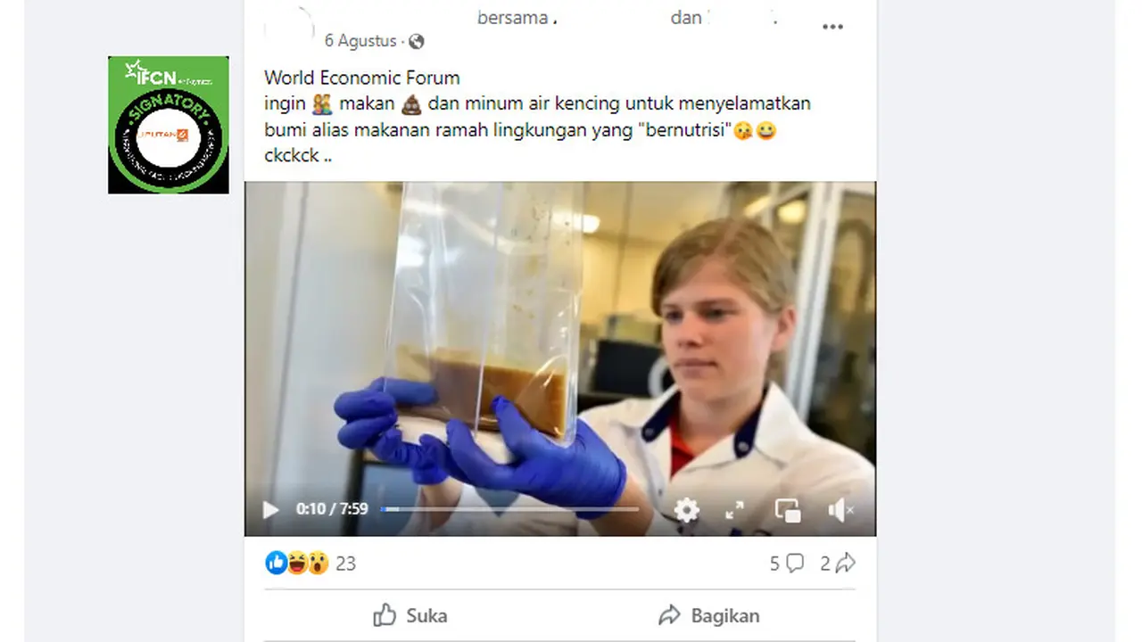 Tangkapan layar klaim WEF ingin kotoran dan urine dijadikan makanan untuk selamatkan bumi dari perubahan iklim
