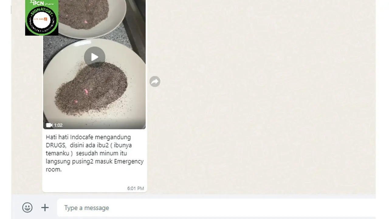 Tangkapan layar klaim video kopi Indocafe mengandung drugs