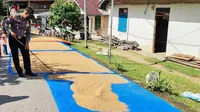 Kapolsek di jajaran Polda Riau menjaga gabah warga yang sedang ikuti vaksinasi massal di Kabupaten Kuansing. (Liputan6.com/M Syukur)